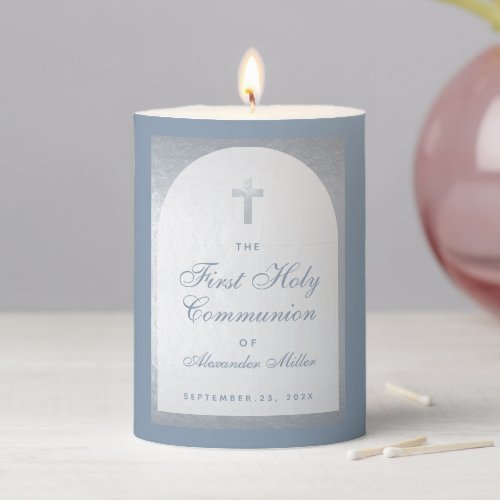 Boy First Communion Dusty Blue Faux Silver  Pillar Candle