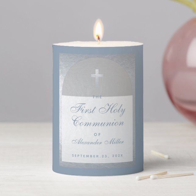 Boy First Communion Dusty Blue Faux Silver  Pillar Candle (In Situ)