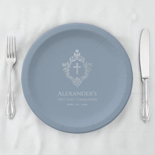 Boy First Communion Dusty Blue Vintage Crest Cross