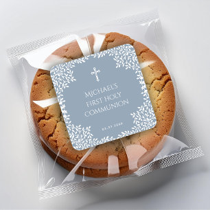 Boy First Communion Dusty Blue White Leaves Cross Square Sticker