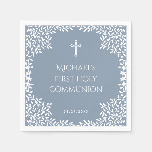 Boy First Communion Dusty Blue White Leaves Ornate Napkins (Front)