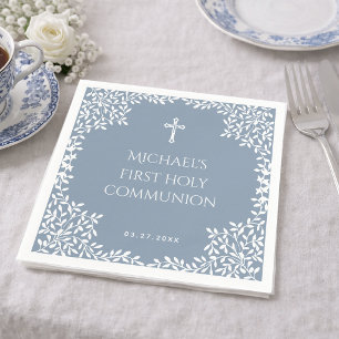 Boy First Communion Dusty Blue White Leaves Ornate Napkins