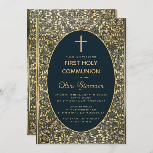 Boy First Communion Elegant Blue Gold Leaves Cross Invitation