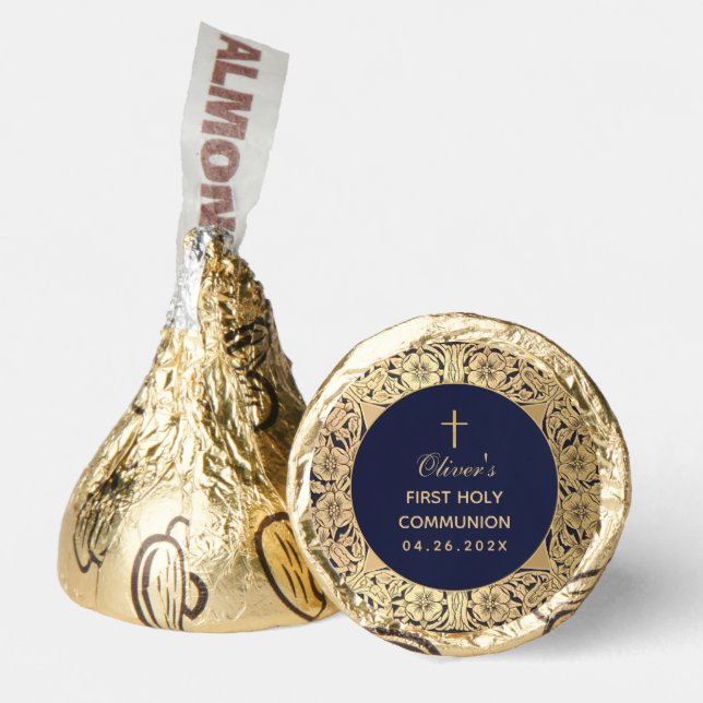 Boy First Communion Elegant Navy Blue Gold Roses  Hershey®'s Kisses® (Front)