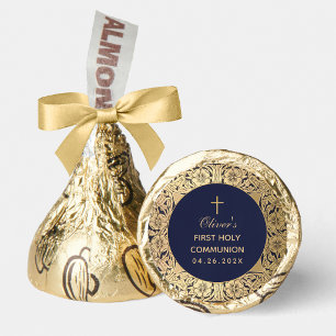 Boy First Communion Elegant Navy Blue Gold Roses Hershey®'s Kisses®