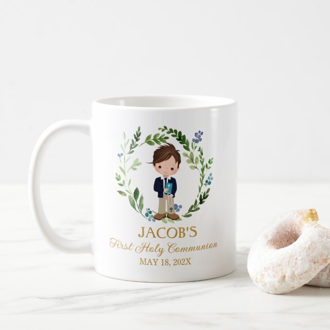 Boy First Communion Favors Greenery Wreath Coffee Mug (With Donut)