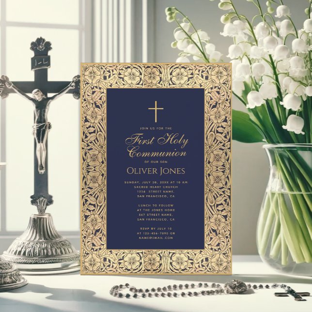 Boy First Communion Floral Gold Frame Blue Elegant Invitation (Creator Uploaded)