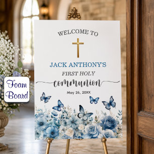 Boy First Communion Gold Cross Blue Floral Welcome Foam Board