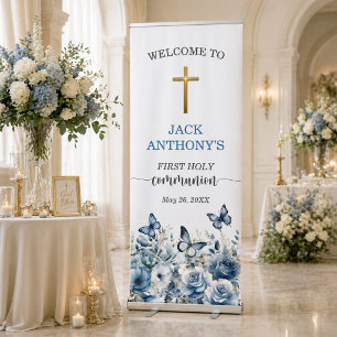 Boy First Communion Gold Cross Blue Floral Welcome Retractable Banner