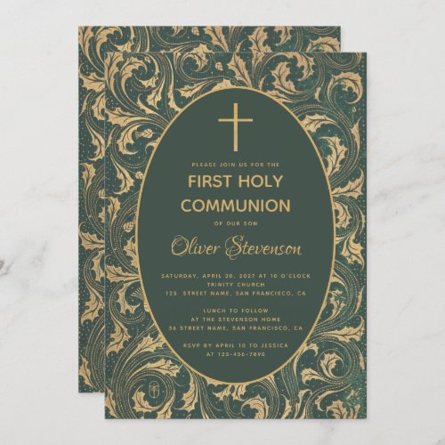 Boy First Communion Gold Cross Vintage Thistle Invitation