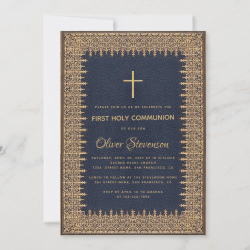 Boy First Communion Gold Frame Cross Navy Blue Invitation