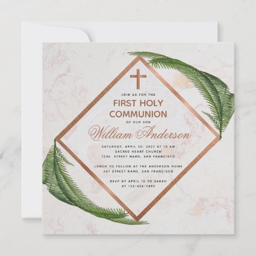 Boy First Communion Greenery Copper Marble Fern Invitation