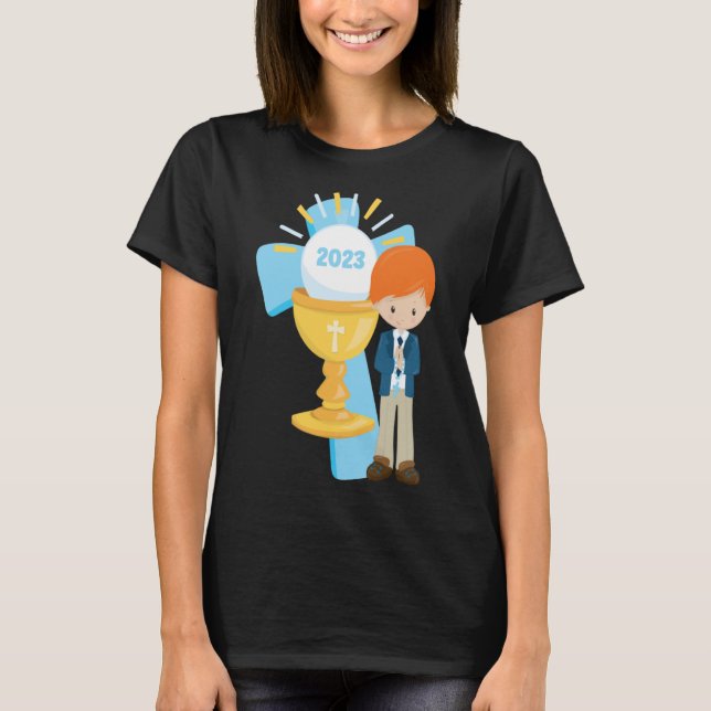 Boy First Communion Keepsake 2023 Cross Blue Rosar T-Shirt (Front)