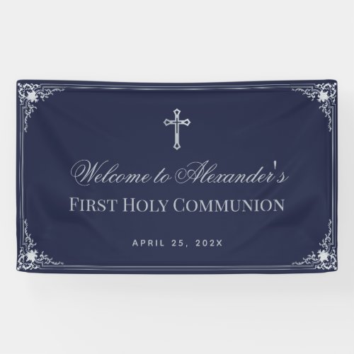 Boy First Communion Navy Blue Elegant Ornate Cross Banner