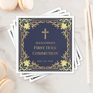 Boy First Communion Navy Blue Faux Gold Cross Napkins
