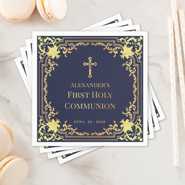  Boy First Communion Navy Blue Faux Gold Cross Napkins (Creator Uploaded)