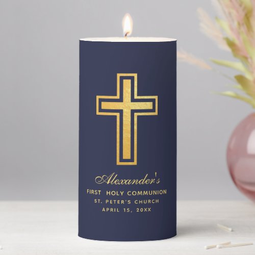 Boy First Communion Navy Blue Faux Gold Foil Cross Pillar Candle