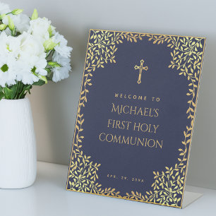 Boy First Communion Navy Blue Faux Gold Leaves Pedestal Sign