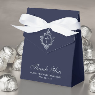 Boy First Communion Navy Blue Faux Silver Crest Favor Boxes