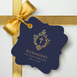Boy First Communion Navy Blue Gold Crest Elegant Favor Tags