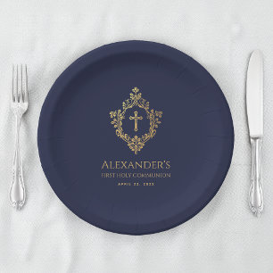 Boy First Communion Navy Blue Gold Crest Elegant Paper Plates