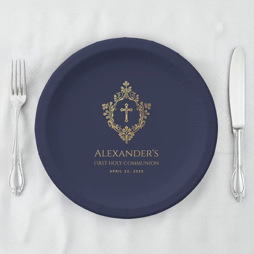Boy First Communion Navy Blue Gold Crest Elegant 