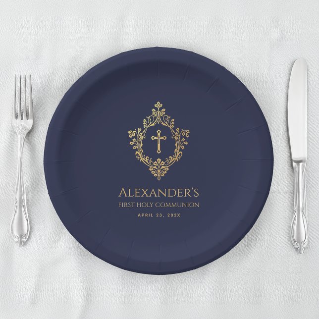 Boy First Communion Navy Blue Gold Crest Elegant  Paper Plates (Creator Uploaded)
