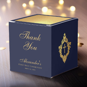 Boy First Communion Navy Blue Gold Crest Thank You Favor Boxes