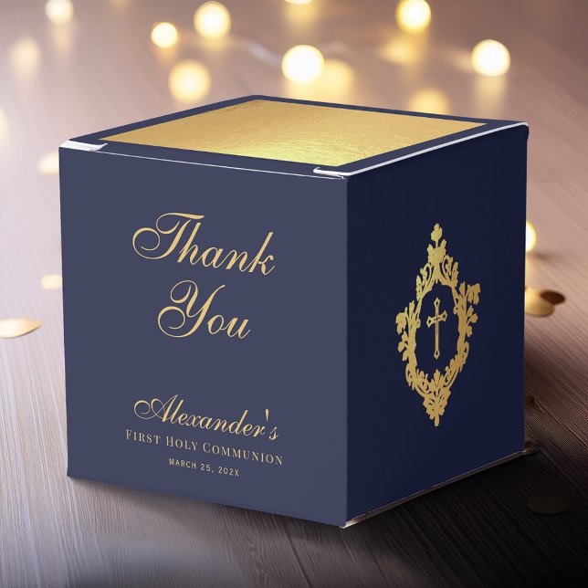Boy First Communion Navy Blue Gold Crest Thank You Favor Boxes (Creator Uploaded)