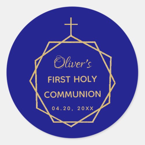 Boy First Communion Navy Blue Gold Geometric Classic Round Sticker