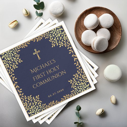 Boy First Communion Navy Blue Gold Leaves Elegant