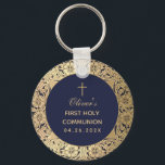 Boy First Communion Navy Blue Gold Roses Vintage Keychain<br><div class="desc">An elegant design with a vintage air, for a boy's first communion favors. The text is inside an elegant vintage round gold frame decorated with golden wild roses, in a navy blue circle, having a gold cross above it. The name is written in elegant calligraphy. The vintage gold frame with...</div>