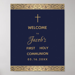 Boy First Communion Navy Blue Gold Roses Welcome Poster
