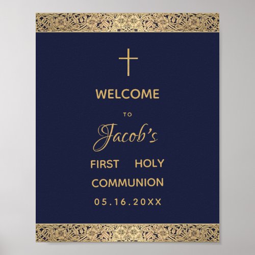 Boy First Communion Navy Blue Gold Roses Welcome Poster