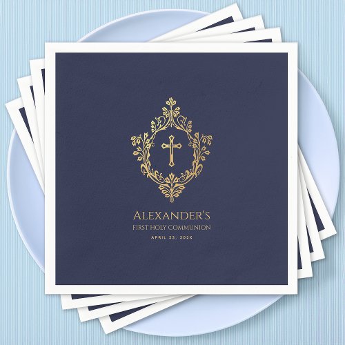 Boy First Communion Navy Blue Gold Vintage Crest 