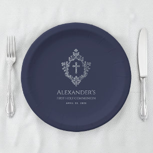 Boy First Communion Navy Blue Silver Vintage Crest Paper Plates
