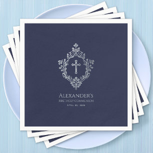 Boy First Communion Navy Blue Vintage Cross Crest Napkins