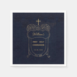 Boy First Communion Navy Blue Vintage Cross Script Napkins