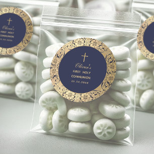 Boy First Communion Navy Blue Vintage Gold Roses Classic Round Sticker