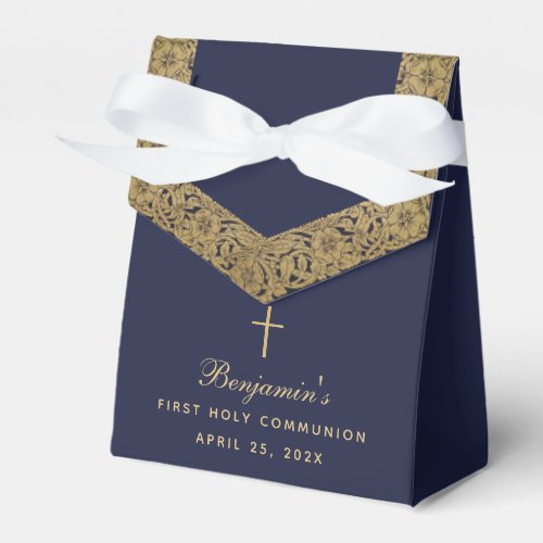 Boy First Communion Navy Blue Vintage Gold Roses Favor Boxes