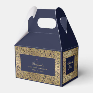 Boy First Communion Navy Blue Vintage Gold Roses Favor Boxes