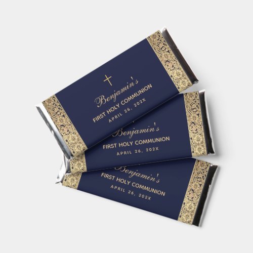 Boy First Communion Navy Blue Vintage Gold Roses Hershey Bar Favors