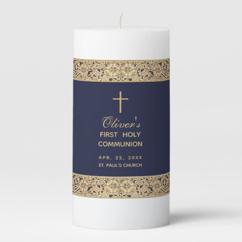 Boy First Communion Navy Blue Vintage Gold Roses Pillar Candle