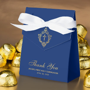 Boy First Communion Royal Blue Faux Gold Crest Favor Boxes