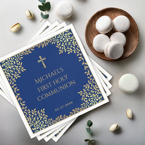 Boy First Communion Royal Blue Faux Gold Leaves