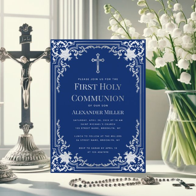 Boy First Communion Royal Blue Faux Silver Cross  Invitation (Creator Uploaded)