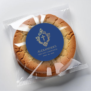 Boy First Communion Royal Blue Gold Vintage Crest Classic Round Sticker