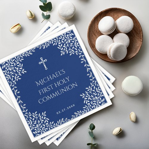 Boy First Communion Royal Blue Silver Leaves Cross