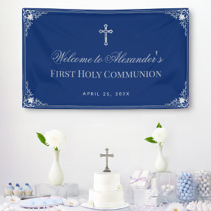 Boy First Communion Royal Blue Vintage Calligraphy Banner
