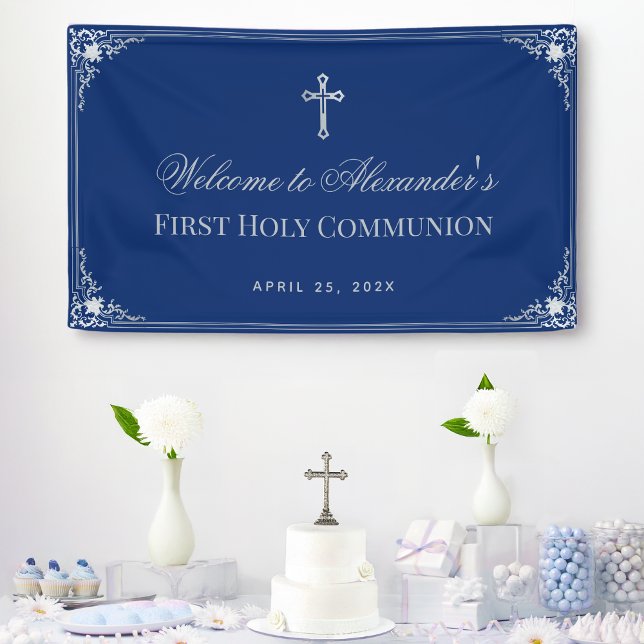 Boy First Communion Royal Blue Vintage Calligraphy Banner (Creator Uploaded)